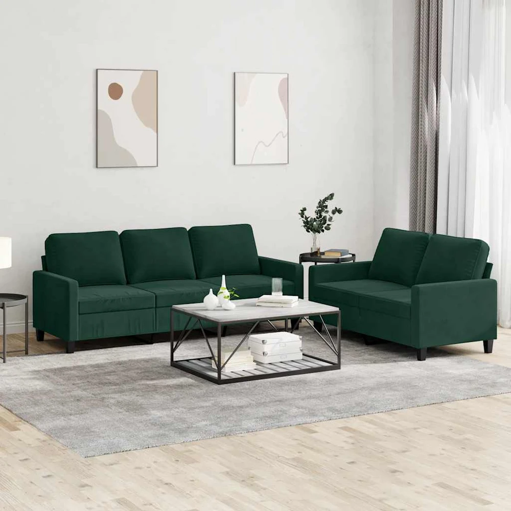 Sofa Sofos komplektas su pagalvėlėmis, 2 dalių, žalias, aksomas