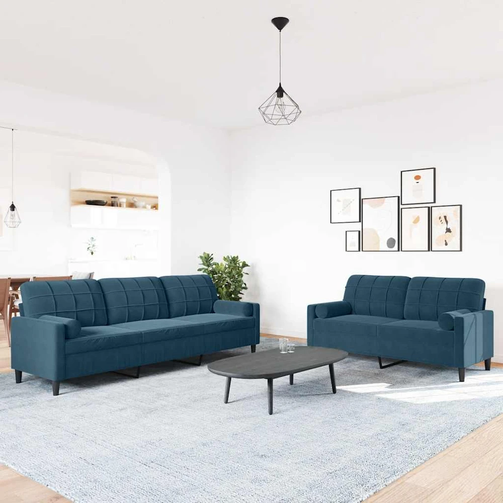 Sofa Sofos komplektas su pagalvėlėmis, 2 dalių, mėlynas, aksomas