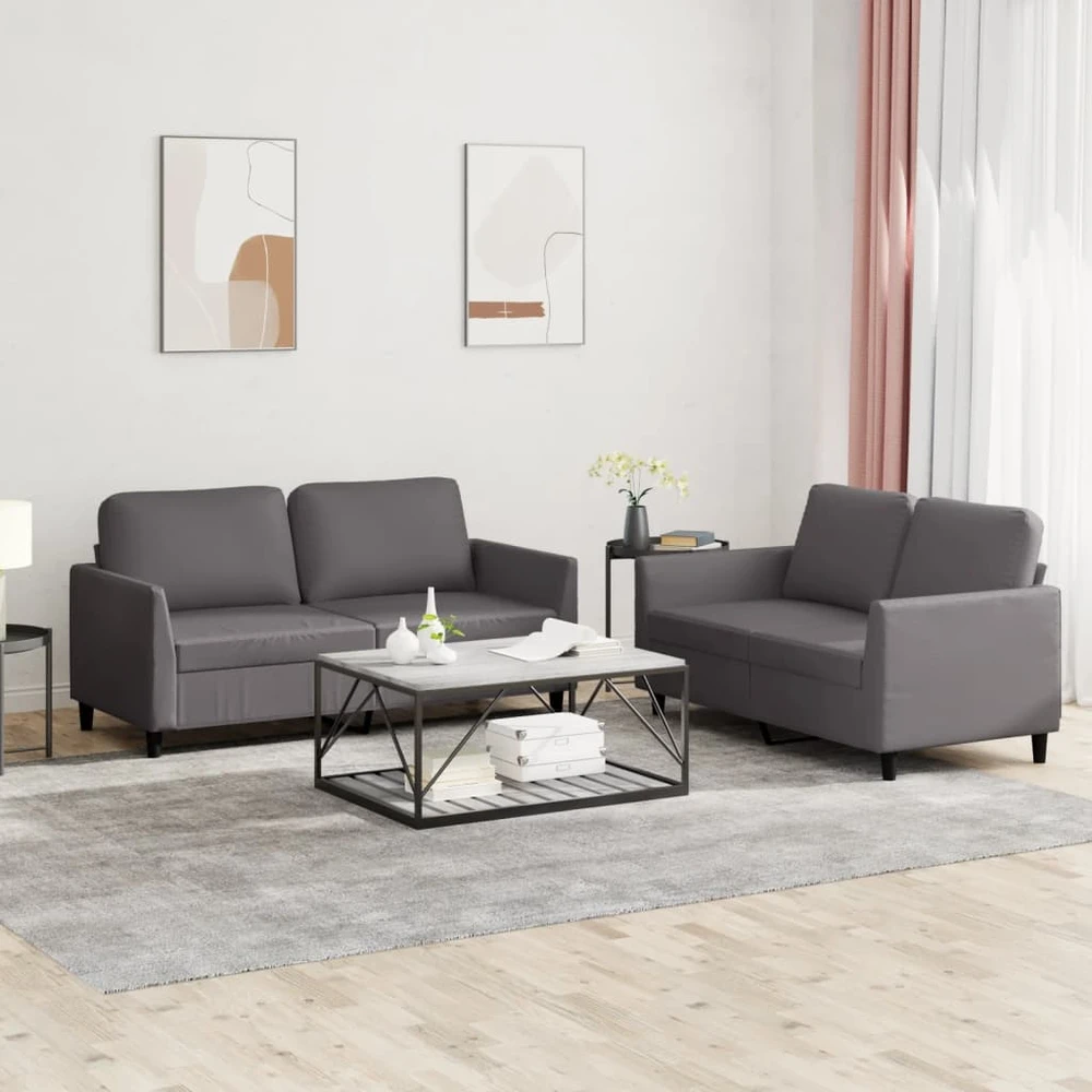 Sofa Sofos komplektas su pagalvėlėmis, 2 dalių, pilkas, dirbtinė oda