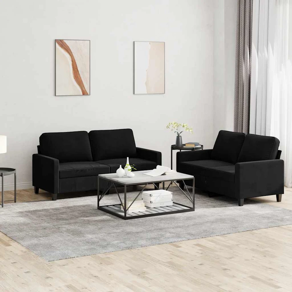 Sofa Sofos komplektas su pagalvėlėmis, 2 dalių, juodas, aksomas