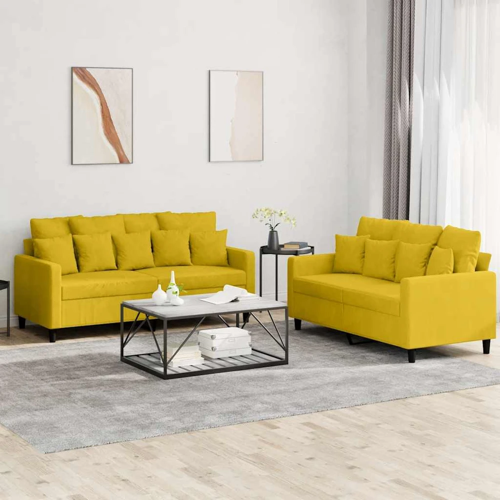 Sofa Sofos komplektas su pagalvėlėmis, 2 dalių, geltonas, aksomas