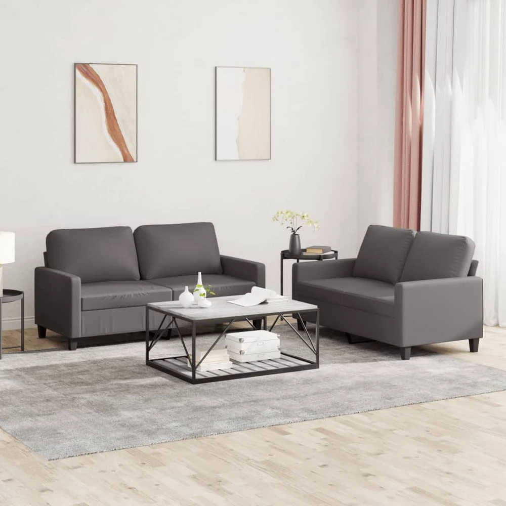 Sofa Sofos komplektas su pagalvėlėmis, 2 dalių, pilkas, dirbtinė oda