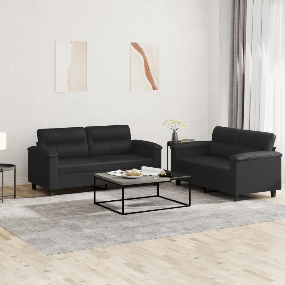 Sofa Sofos komplektas su pagalvėlėmis, 2 dalių, juodas, dirbtinė oda