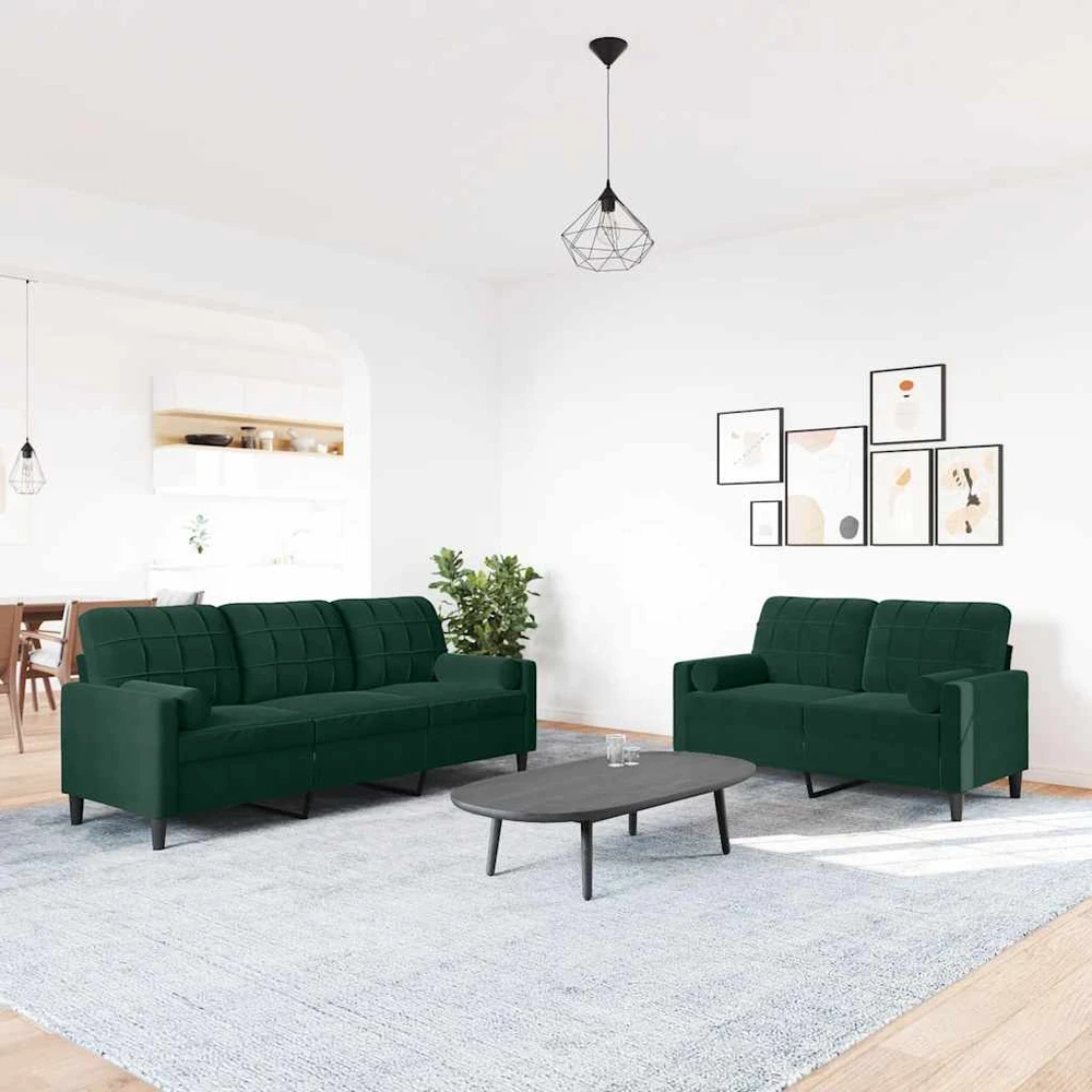 Sofa Sofos komplektas su pagalvėlėmis, 2 dalių, žalias, aksomas