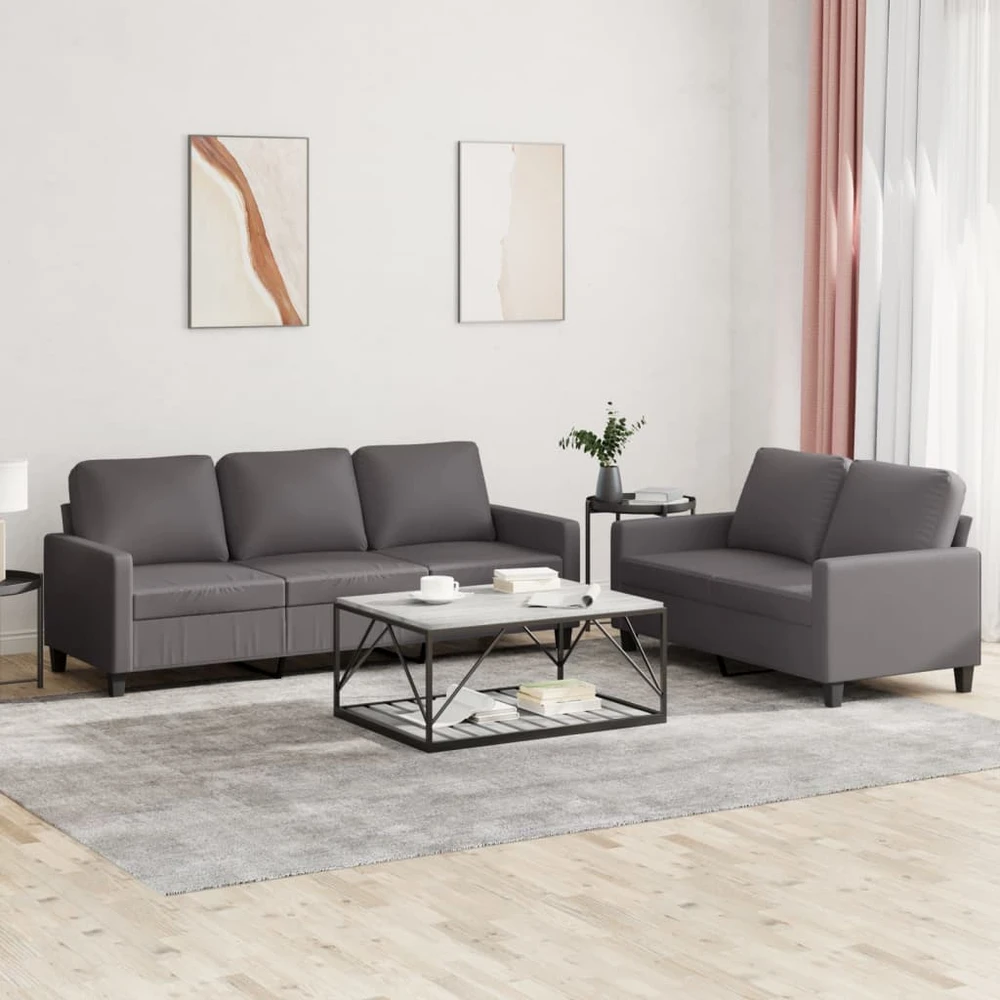Sofa Sofos komplektas su pagalvėlėmis, 2 dalių, pilkas, dirbtinė oda