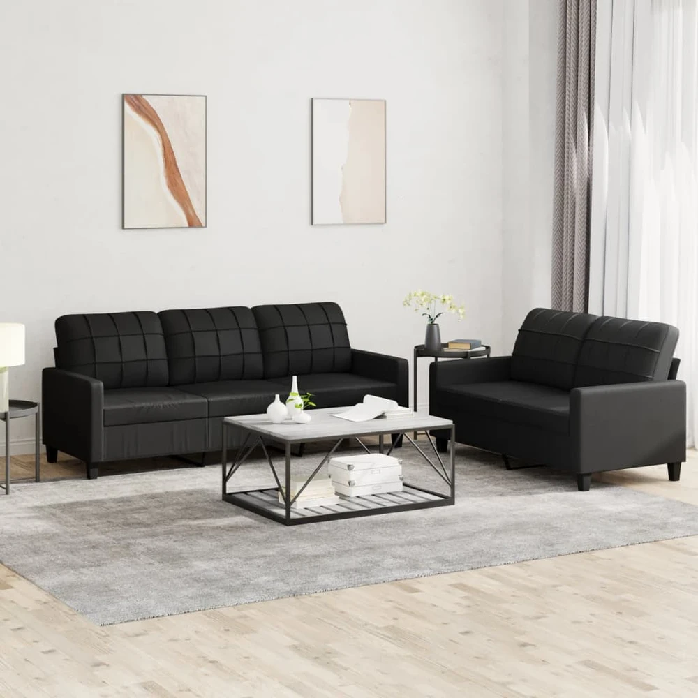 Sofa Sofos komplektas su pagalvėlėmis, 2 dalių, juodas, dirbtinė oda