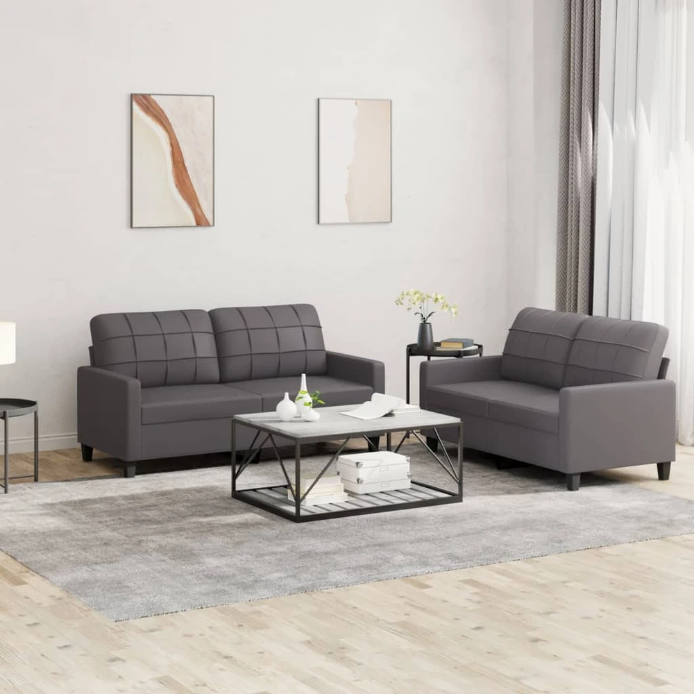 Sofa Sofos komplektas su pagalvėlėmis, 2 dalių, pilkas, dirbtinė oda
