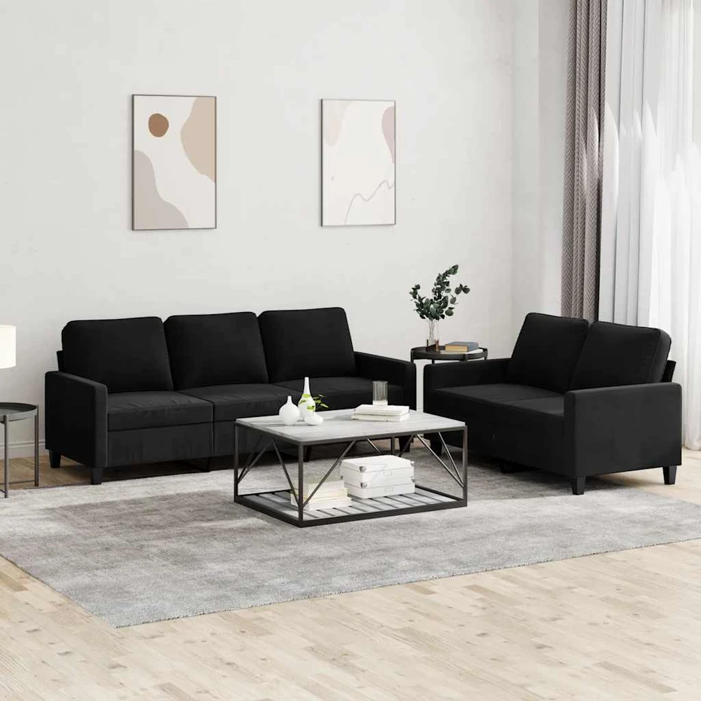 Sofa Sofos komplektas su pagalvėlėmis, 2 dalių, juodas, aksomas