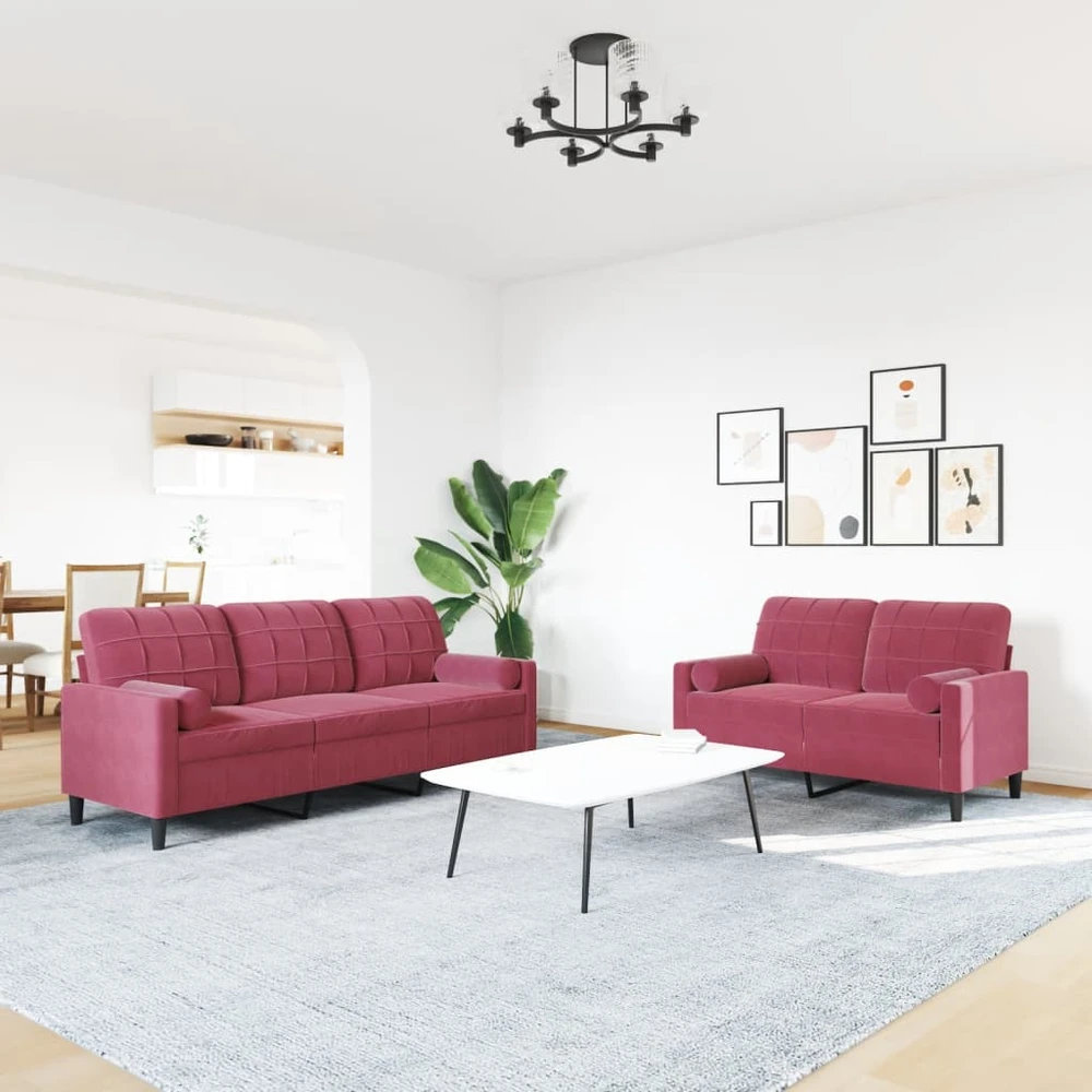 Sofa Sofos komplektas su pagalvėlėmis, 2 dalių, vyno, aksomas