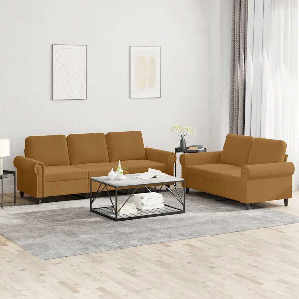 Sofa Sofos komplektas su pagalvėlėmis, 2 dalių, rudas, aksomas