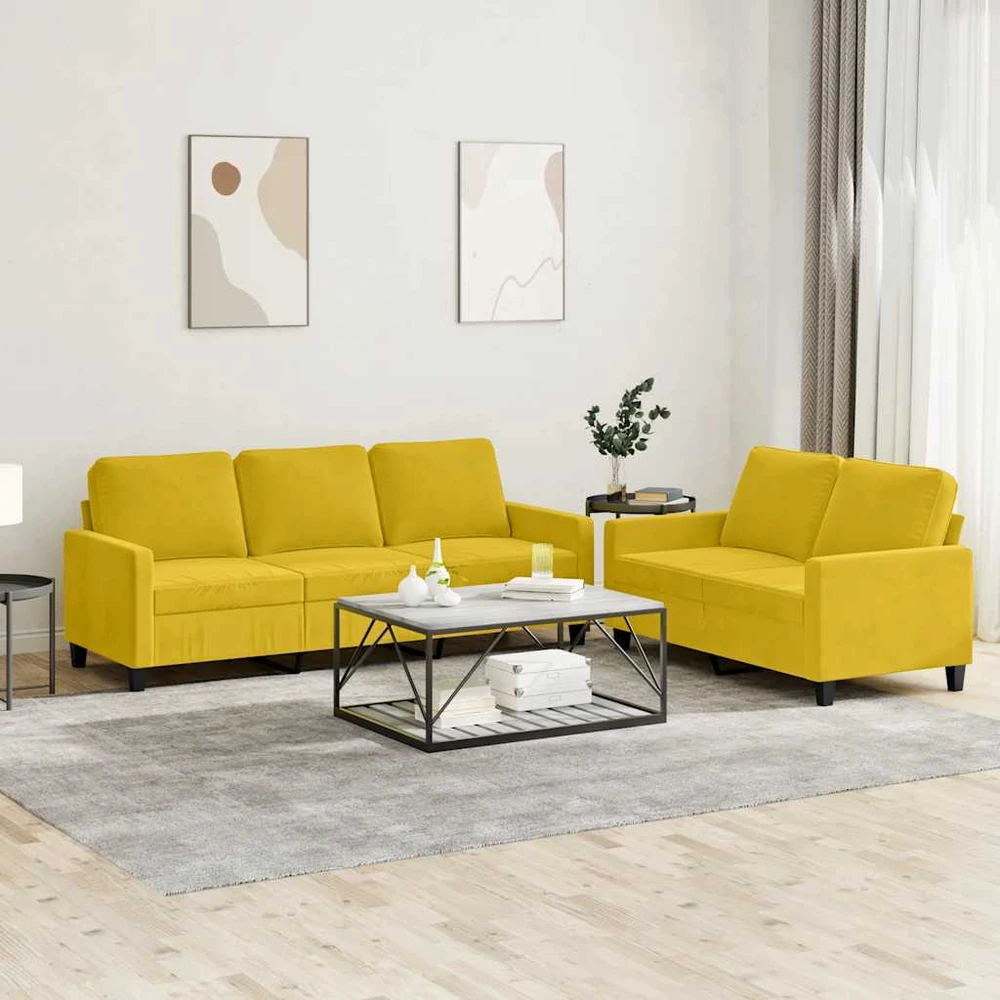 Sofa Sofos komplektas su pagalvėlėmis, 2 dalių, geltonas, aksomas