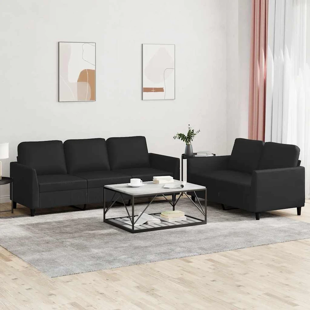 Sofa Sofos komplektas su pagalvėlėmis, 2 dalių, juodas, dirbtinė oda