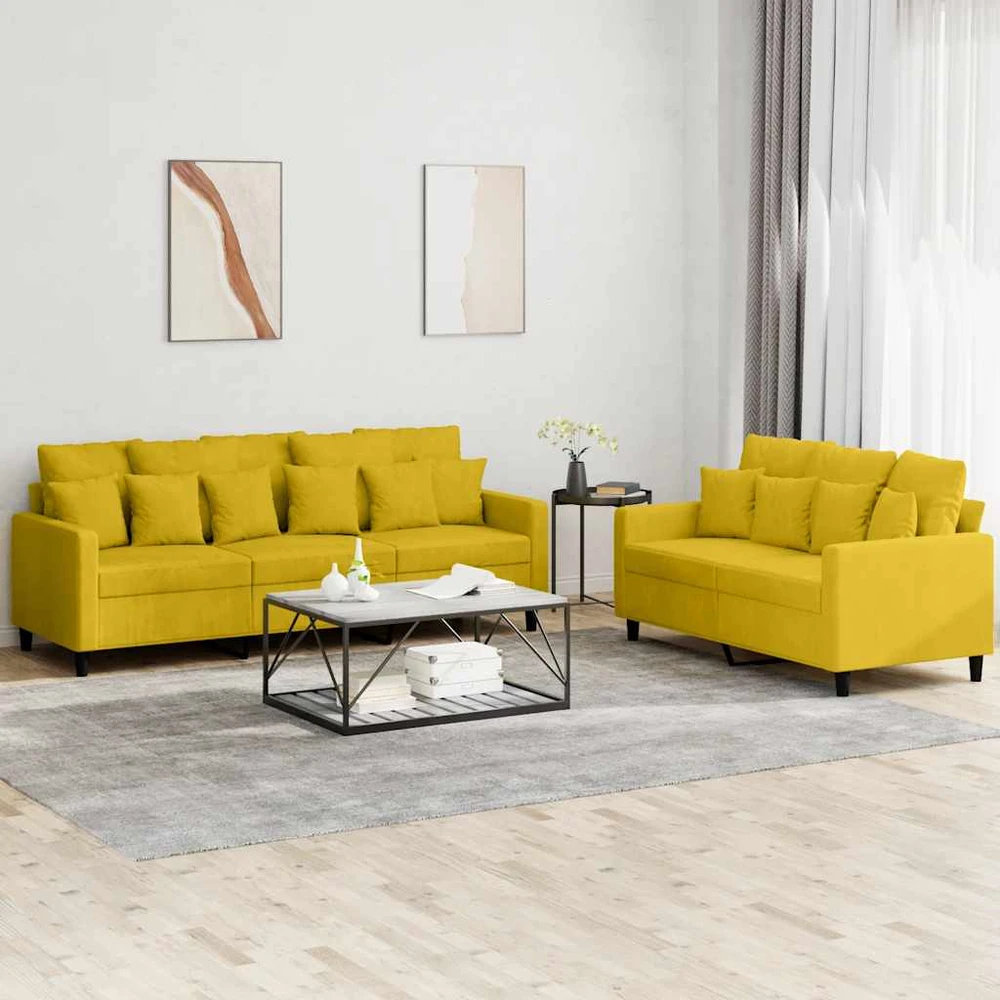 Sofa Sofos komplektas su pagalvėlėmis, 2 dalių, geltonas, aksomas