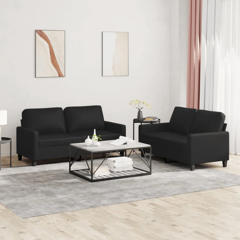 Sofa Sofos komplektas su pagalvėlėmis, 2 dalių, juodas, dirbtinė oda