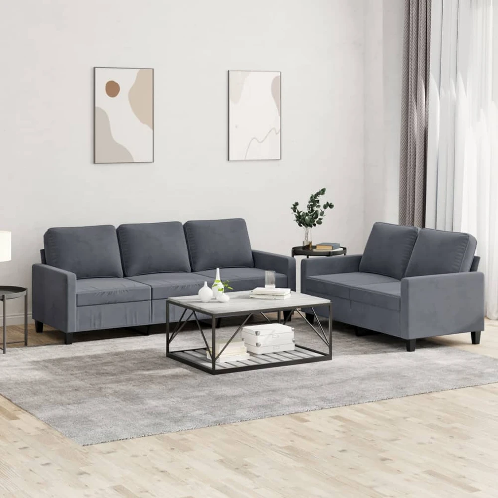 Sofa Sofos komplektas su pagalvėlėmis, 2 dalių, pilkas, aksomas