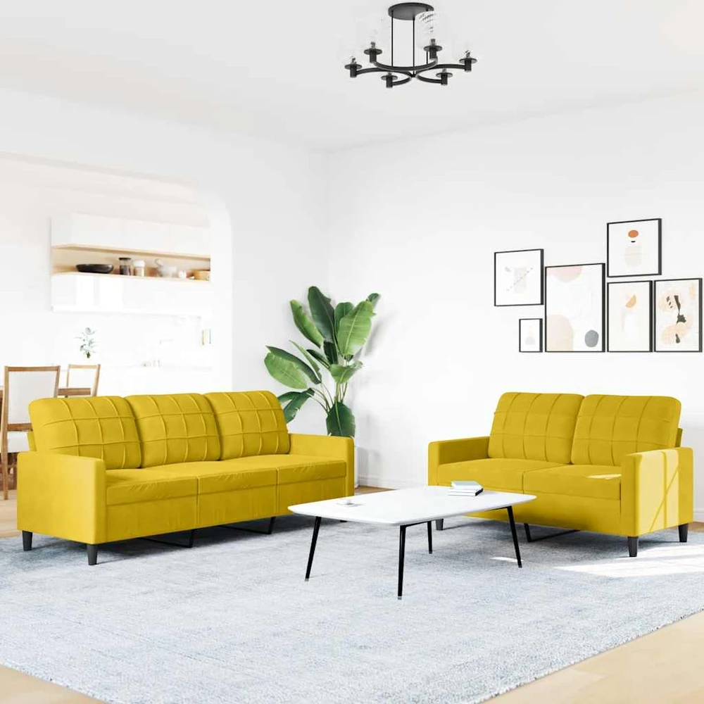Sofa Sofos komplektas su pagalvėlėmis, 2 dalių, geltonas, aksomas