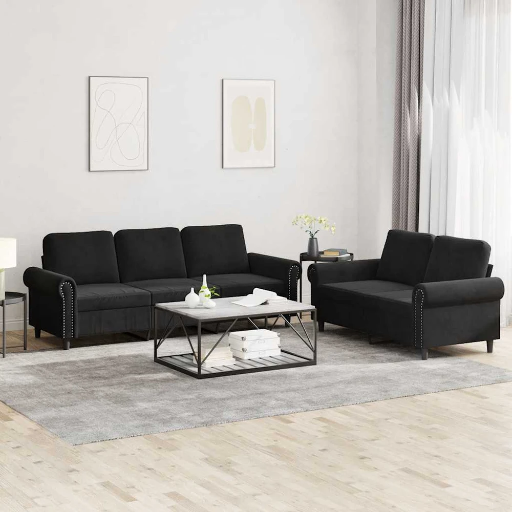 Sofa Sofos komplektas su pagalvėlėmis, 2 dalių, juodas, aksomas