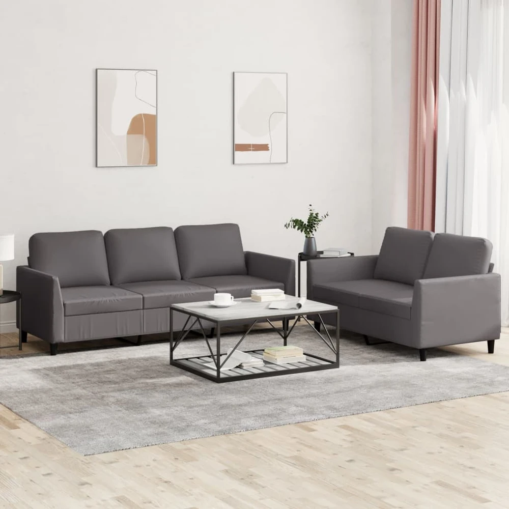 Sofa Sofos komplektas su pagalvėlėmis, 2 dalių, pilkas, dirbtinė oda
