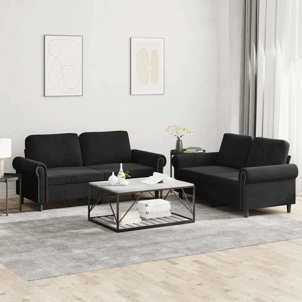 Sofa Sofos komplektas su pagalvėlėmis, 2 dalių, juodas, aksomas