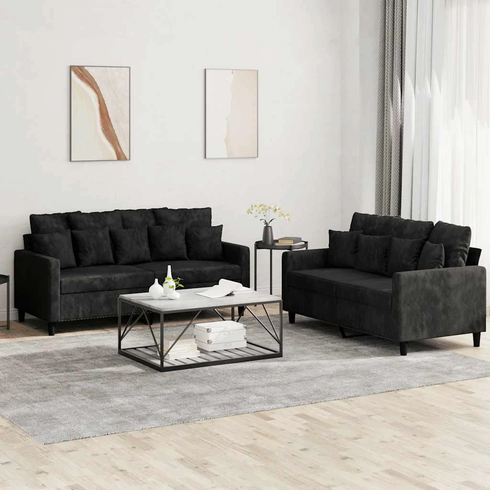 Sofa Sofos komplektas su pagalvėlėmis, 2 dalių, juodas, aksomas