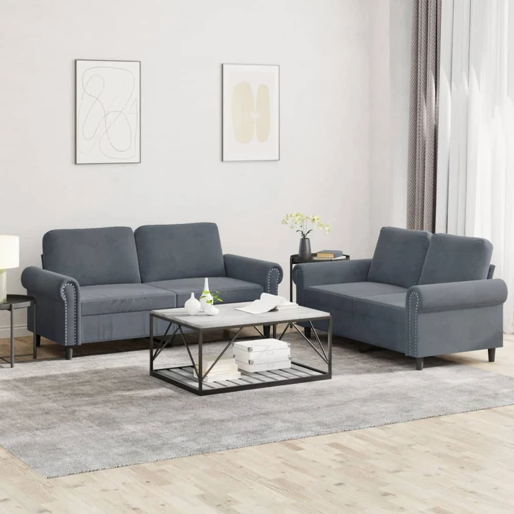 Sofa Sofos komplektas su pagalvėlėmis, 2 dalių, pilkas, aksomas