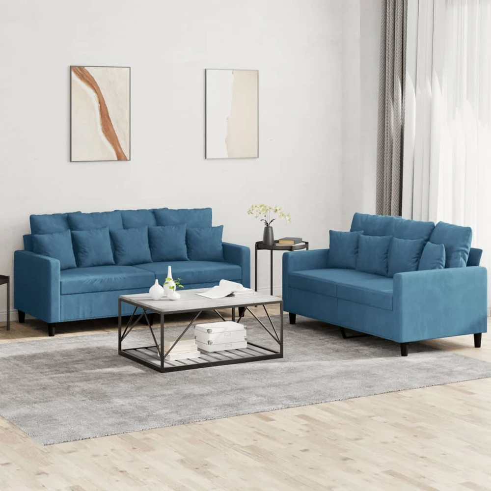 Sofa Sofos komplektas su pagalvėlėmis, 2 dalių, mėlynas, aksomas