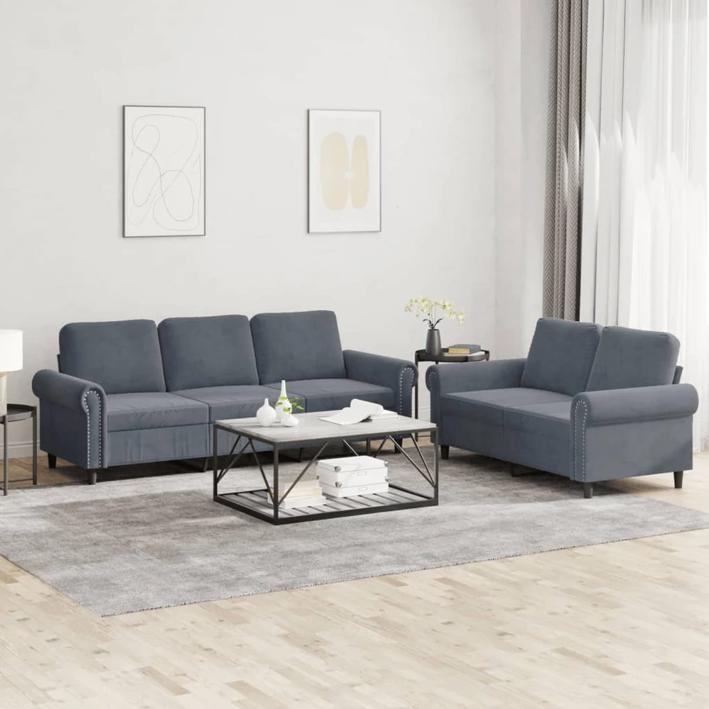 Sofa Sofos komplektas su pagalvėlėmis, 2 dalių, pilkas, aksomas