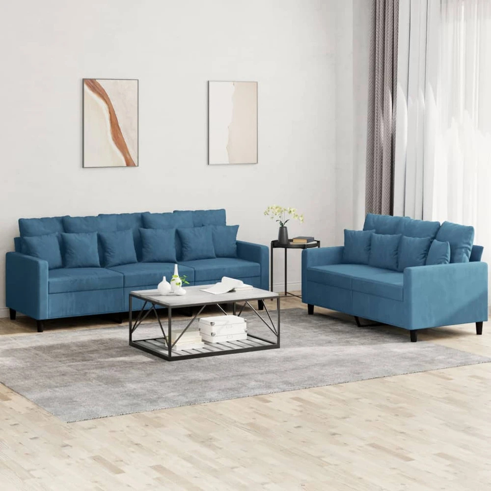Sofa Sofos komplektas su pagalvėlėmis, 2 dalių, mėlynas, aksomas
