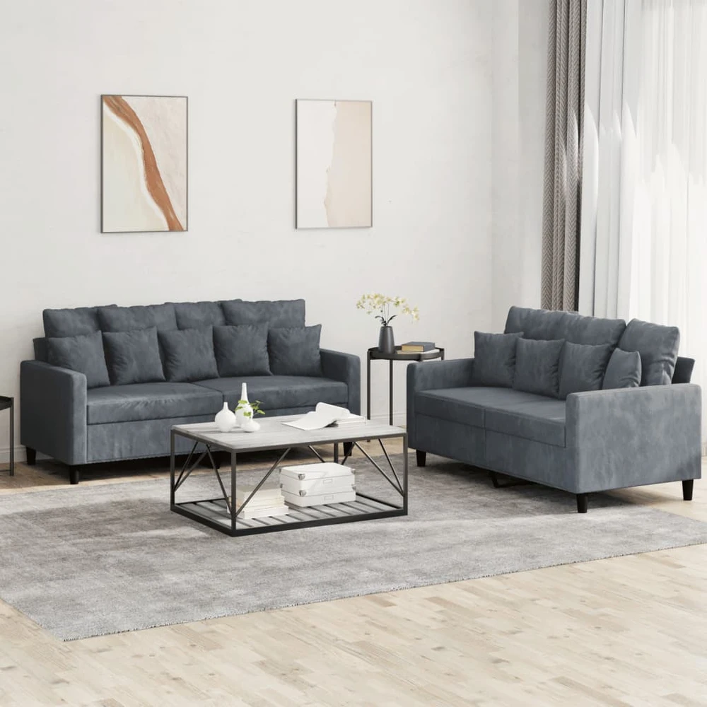 Sofa Sofos komplektas su pagalvėlėmis, 2 dalių, pilkas, aksomas