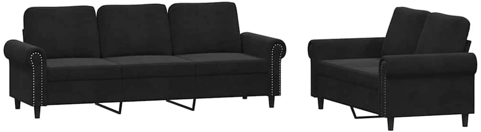 Sofa Sofos komplektas su pagalvėlėmis, 2 dalių, juodas, aksomas