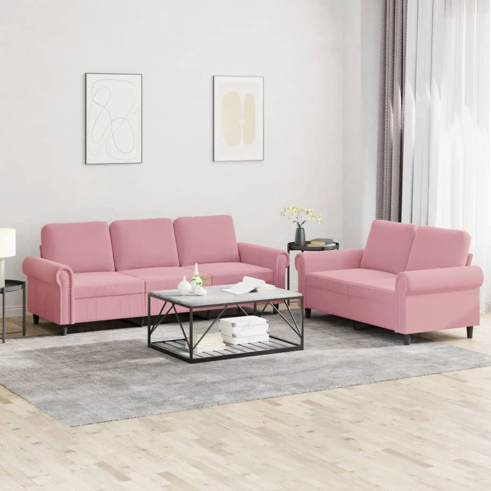 Sofa Sofos komplektas su pagalvėlėmis, 2 dalių, rožinis, aksomas