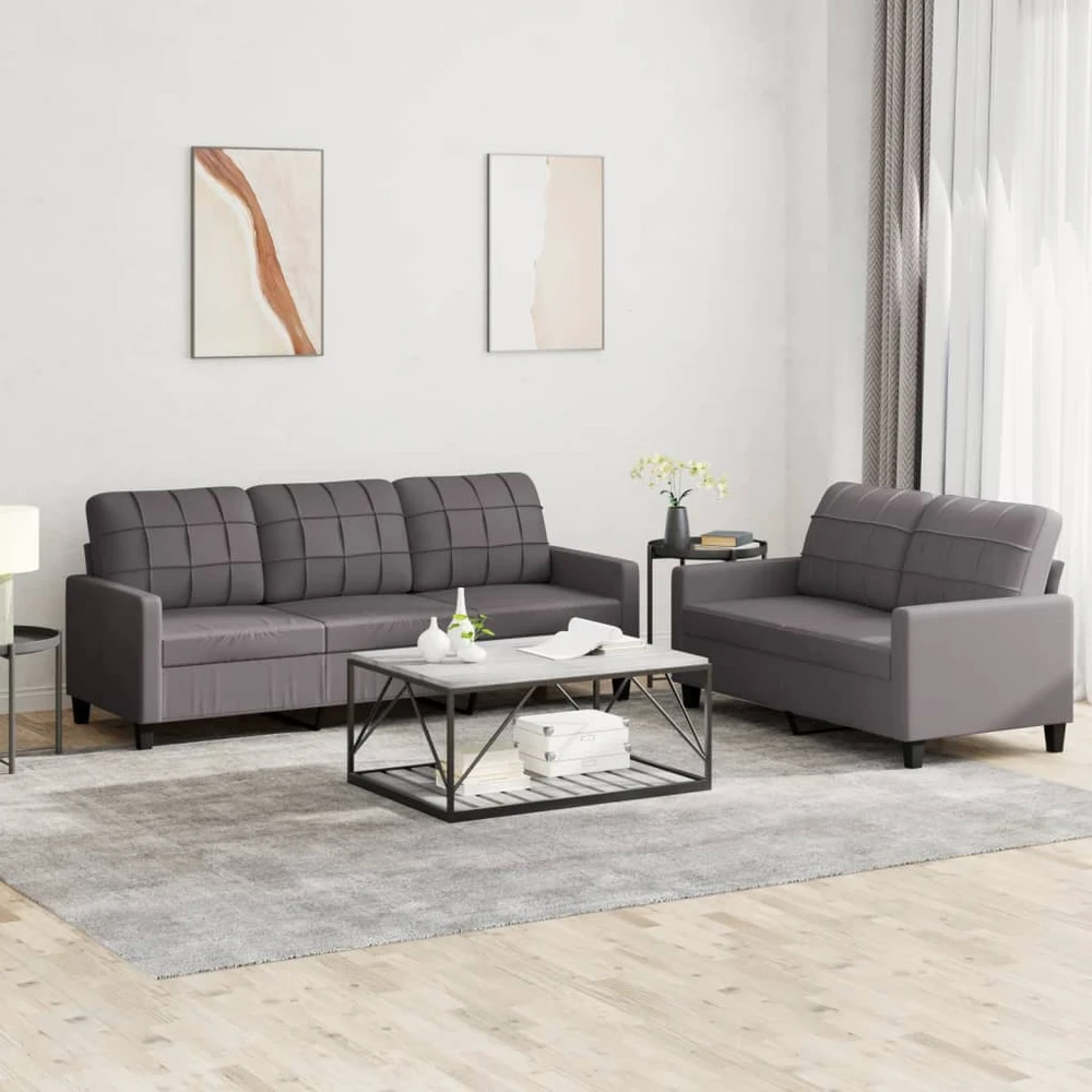Sofa Sofos komplektas su pagalvėlėmis, 2 dalių, pilkas, dirbtinė oda