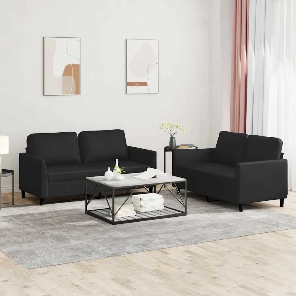 Sofa Sofos komplektas su pagalvėlėmis, 2 dalių, juodas, dirbtinė oda