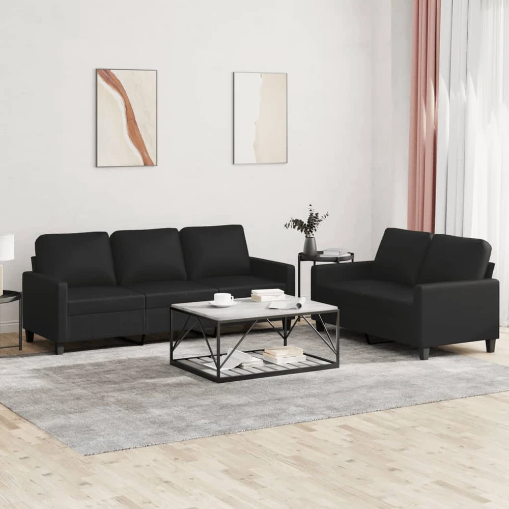 Sofa Sofos komplektas su pagalvėlėmis, 2 dalių, juodas, dirbtinė oda