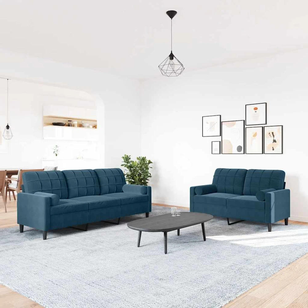 Sofa Sofos komplektas su pagalvėlėmis, 2 dalių, mėlynas, aksomas