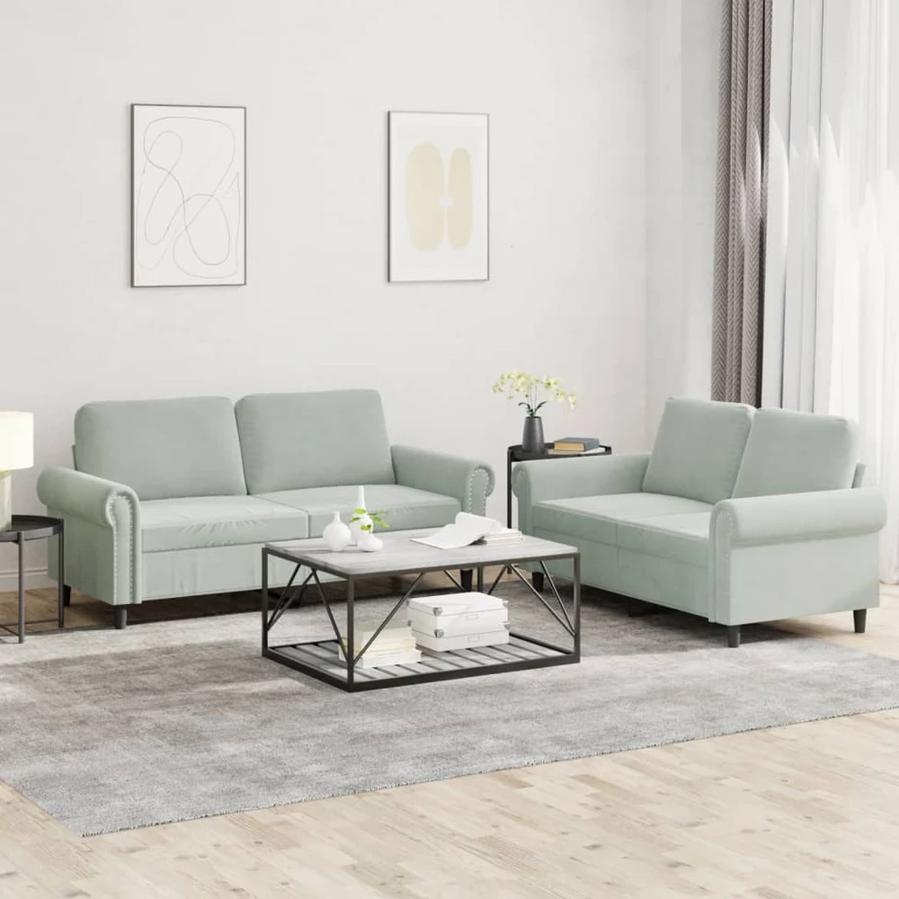 Sofa Sofos komplektas su pagalvėlėmis, 2 dalių, pilkas, aksomas