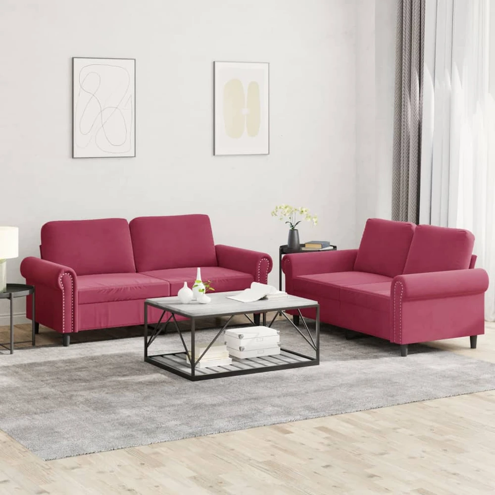 Sofa Sofos komplektas su pagalvėlėmis, 2 dalių, vyno, aksomas