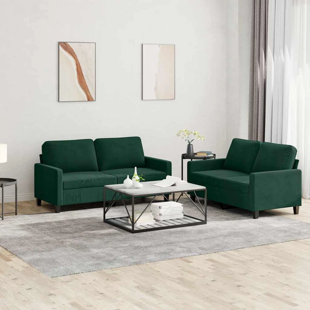 Sofa Sofos komplektas su pagalvėlėmis, 2 dalių, žalias, aksomas