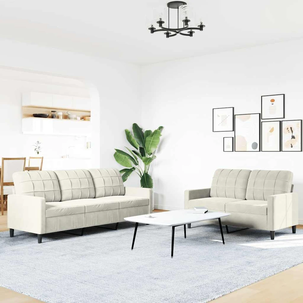 Sofa Sofos komplektas su pagalvėlėmis, 2 dalių, kreminis, aksomas