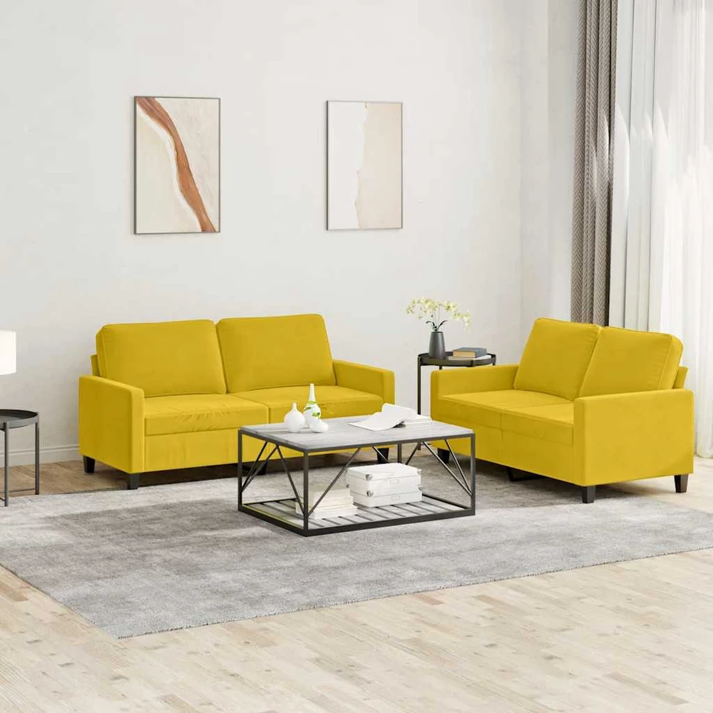 Sofa Sofos komplektas su pagalvėlėmis, 2 dalių, geltonas, aksomas