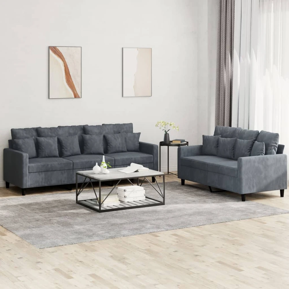 Sofa Sofos komplektas su pagalvėlėmis, 2 dalių, pilkas, aksomas