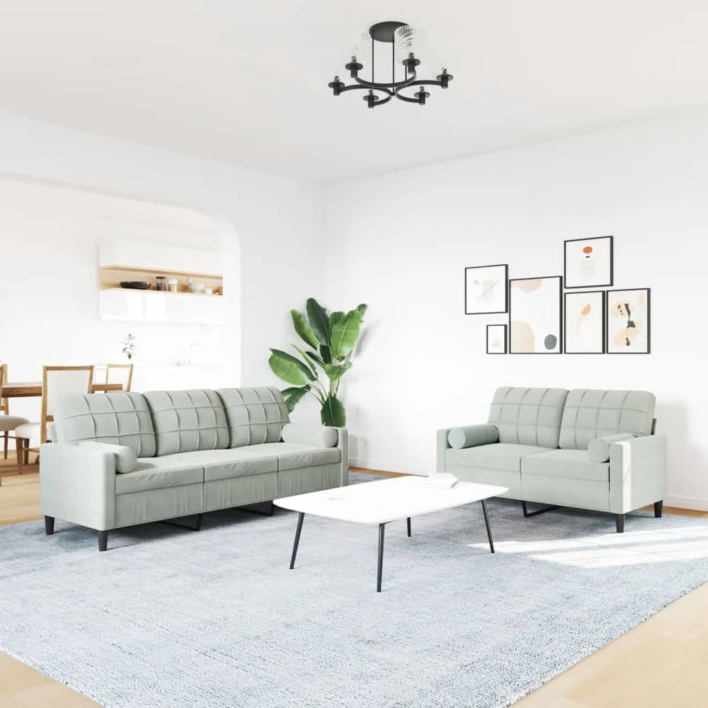 Sofa Sofos komplektas su pagalvėlėmis, 2 dalių, pilkas, aksomas