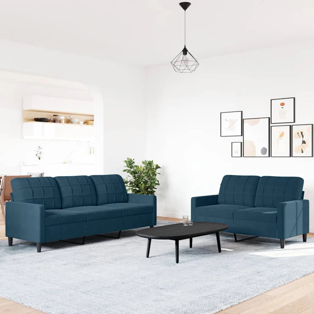 Sofa Sofos komplektas su pagalvėlėmis, 2 dalių, mėlynas, aksomas
