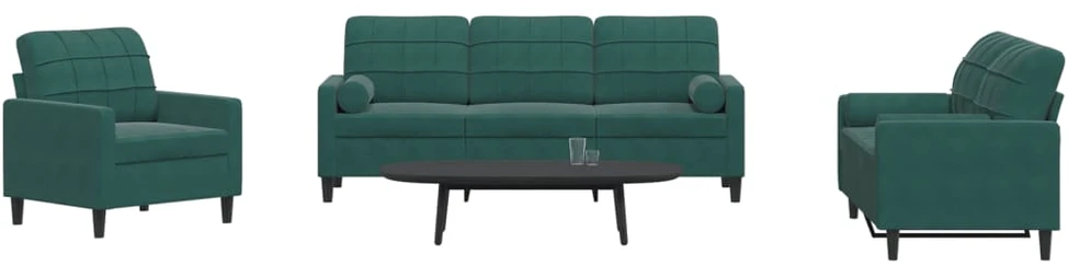 Sofa Sofos komplektas su pagalvėlėmis, 3 dalių, žalias, aksomas