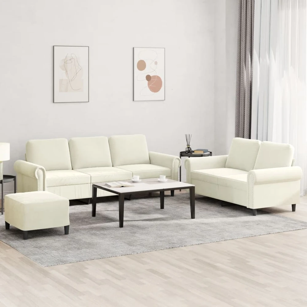 Sofa Sofos komplektas su pagalvėlėmis, 3 dalių, kreminis, aksomas