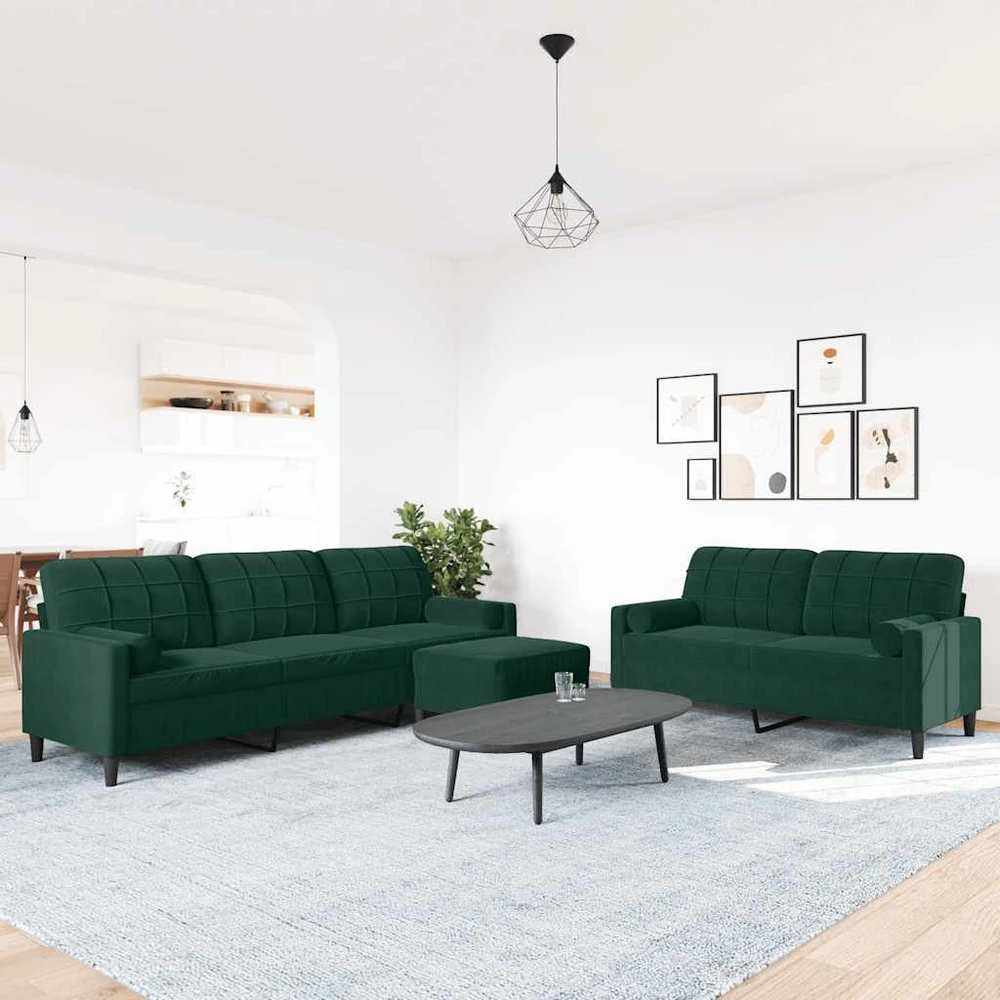 Sofa Sofos komplektas su pagalvėlėmis, 3 dalių, žalias, aksomas
