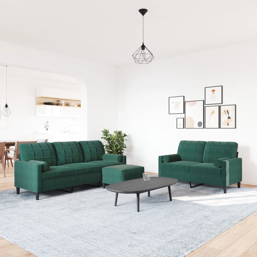 Sofa Sofos komplektas su pagalvėlėmis, 3 dalių, žalias, aksomas