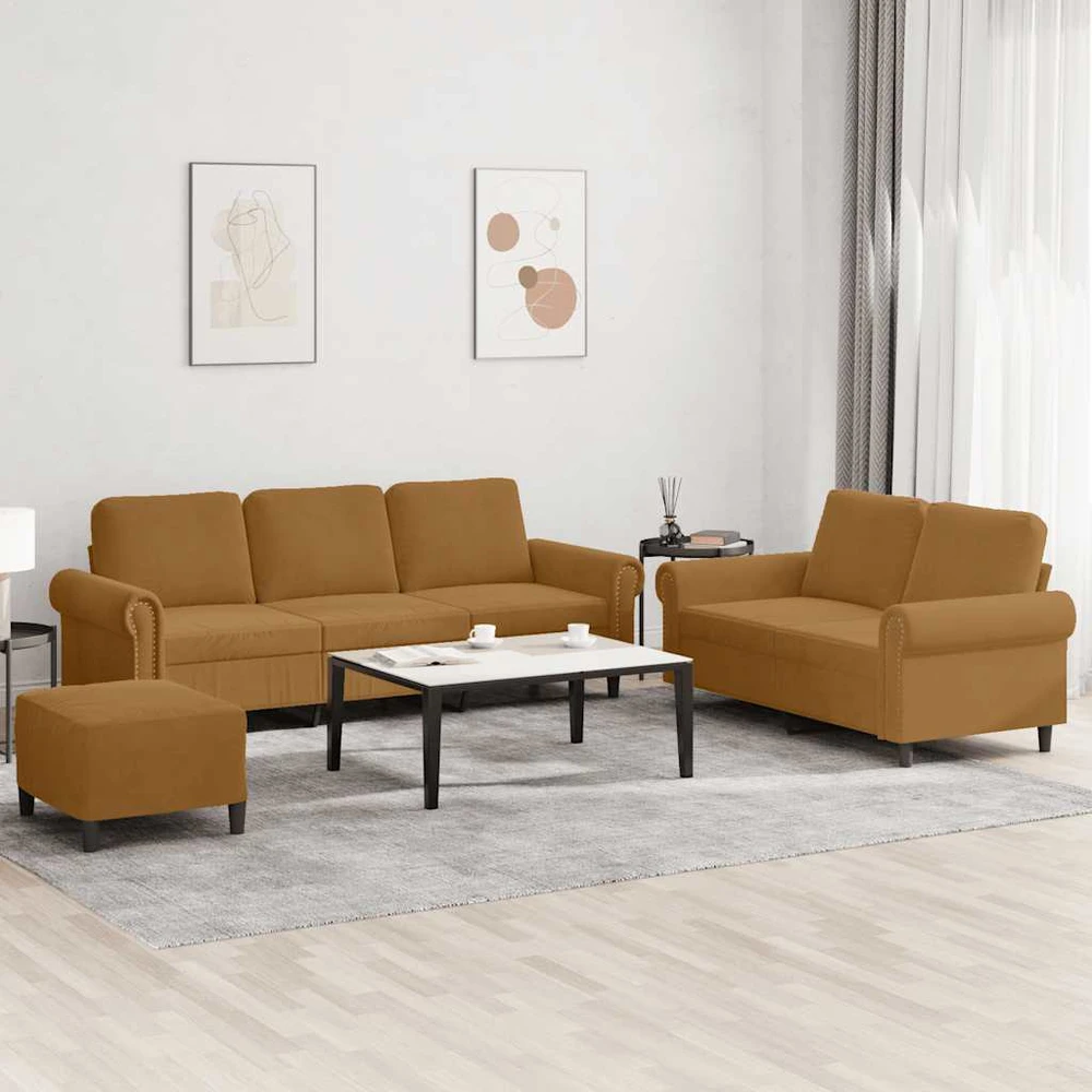 Sofa Sofos komplektas su pagalvėlėmis, 3 dalių, rudas, aksomas