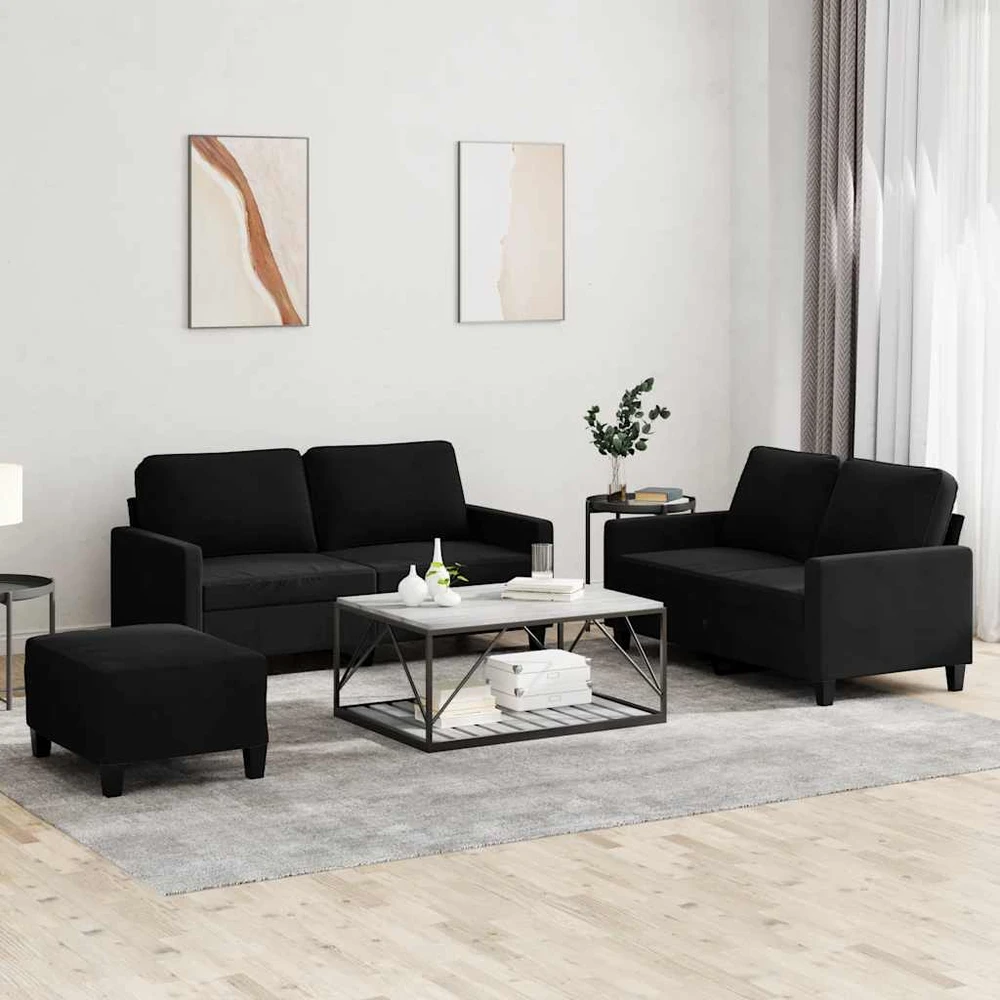 Sofa Sofos komplektas su pagalvėlėmis, 3 dalių, juodas, aksomas