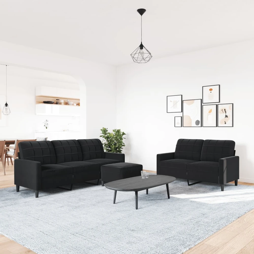 Sofa Sofos komplektas su pagalvėlėmis, 3 dalių, juodas, aksomas